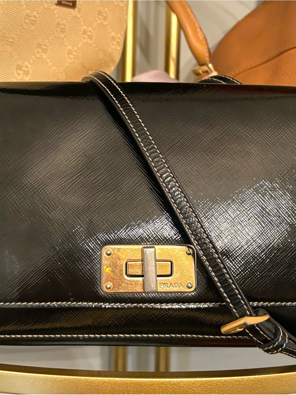 Prada Saffiano Vernice Leather Turn-Lock Crossbody Bag with COA